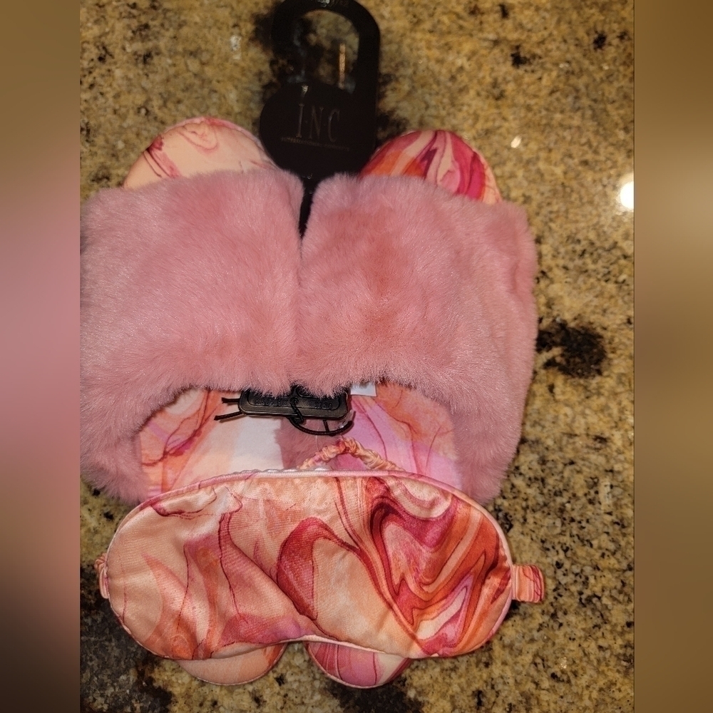 NWT INC Pink Faux Fur slippers and matching sleep eye mask
